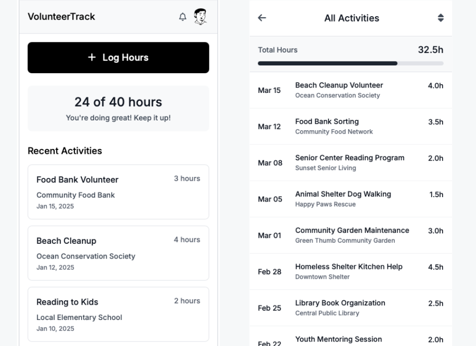 Volunteer Log Screenshot 1